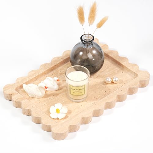 Scalloped Travertine Marble Tray - Large Home Decorative Stone Vanity Perfume Plates for Bathroom Accessories Coffee Table, Dresser Dish for Kitchen Countertop (10.6" x 7.4"x 0.8") - color: Scallop-travertine