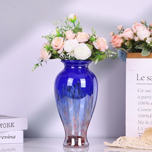 Hand Blown Glass Vase 11.8" Tall Beautiful Dark Blue Sea Wide Mouth Bud Vase for Table Centerpiece, Painted Colorful Murano Glass Flower Vases for - Home Entrance Wedding Center - color: Blue