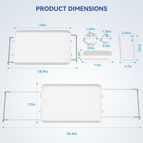 Bathtub Tray for Large Soaking Tub Table Tray Expandable Tub Shelf for Bathtub Caddy Bath Shelf Over Tub Luxury Bath Board Book Holder with Removable 2 Cup Holder Phone Metal Shower Caddy Basket White