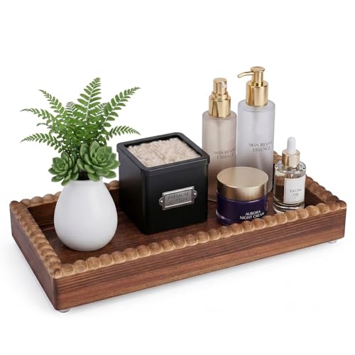 Bathroom Counter Organizer Tray, Wooden Countertop Vanity Trays with Beaded Edge, Farmhouse Decorative Tray Stand for Toilet Tank Candle Sink Kitchen Coffee Bar