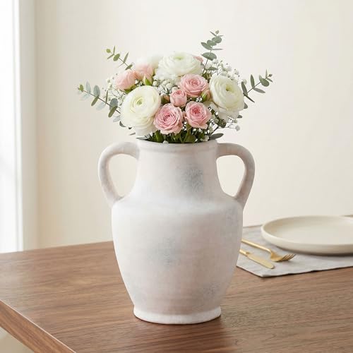 Flower Vase with Handles, 8.66 inch Tall Ceramic Vase Farmhouse Rustic Vases Decorative Pottery Vases for Home Decor Living Room Table Bookshelf Centerpiece Bouquet Wedding Fireplace (White) - color: A-8.66"h-white