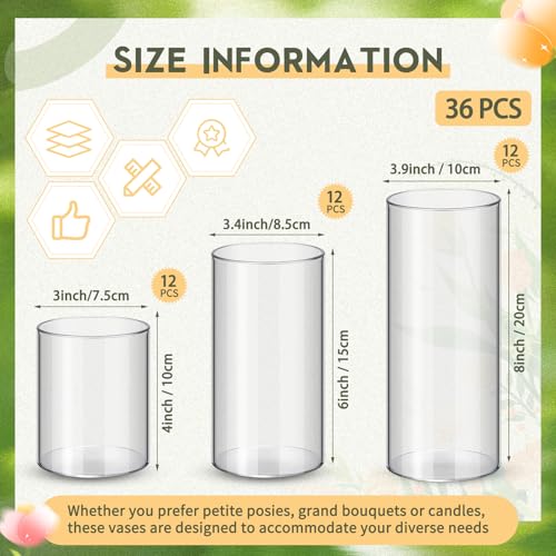 Nuogo 36 Pcs Plastic Cylinder Vases Tall Plastic Flower Vases for Centerpieces Hurricane Candle Holder for Home Wedding Office Party Formal Dinners Decorations (4''/6''/8'')