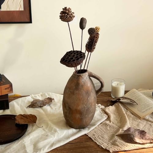 Ceramic Rustic Farmhouse Vase with Handle, 10.3 Inch Large Vintage Vase for Home Decor, Handmade Ceramic Flower Vases for Living Room, Kitchen, Office Farmhouse Centerpiece, Brown - color: Brown