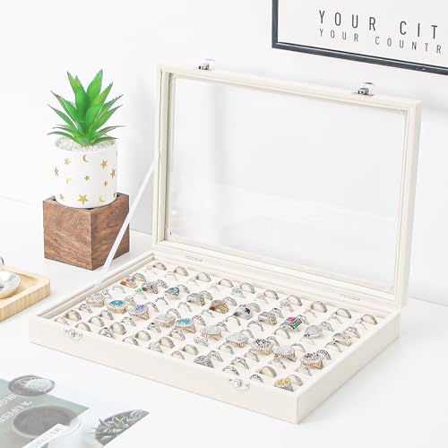 Coward Ring Organizer Jewelry Box, Beige Velvet 100 Slots Ring Display Tray Case with Transparent Glass Lid for Home Use or Store Selling Show - color: Beige Velvet, size: Ring Box