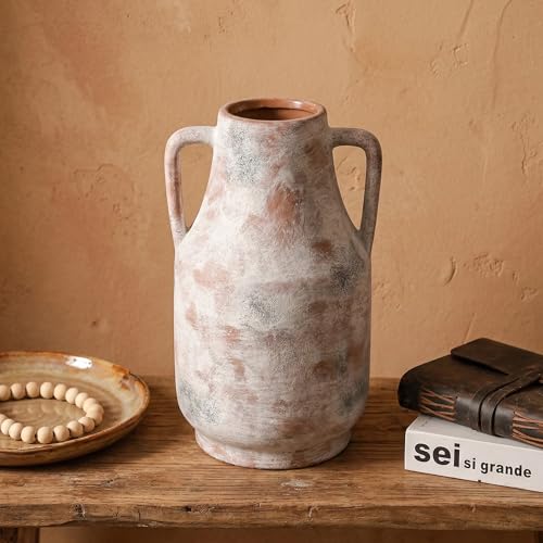 11 Inch Tall Ceramic Vase with Handles, Off-White Farmhouse Rustic Decor | Large Terracotta Style Table Vase for Living Room, Shelf & Fireplace Mantle | Decorative Pottery Centerpiece - color: Terracotta