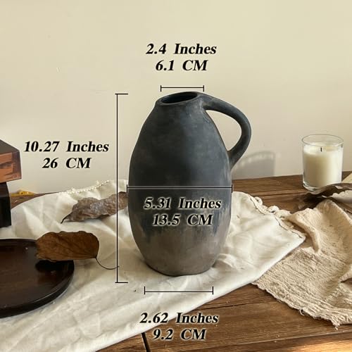 Ceramic Rustic Farmhouse Vase with Handle, 10.3 Inch Large Vintage Vase for Home Decor, Handmade Ceramic Flower Vases for Living Room, Kitchen, Office Farmhouse Centerpiece, Black - color: Black