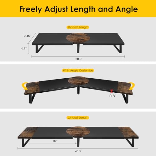 Across-Star Dual-Monitor Stand for Desk - Large Adjustable Length and Angle Riser for 2 Monitors, Double Computer Desktop Organizer, Shelf for TV, Laptop, Printer - color: Rustic Brown, size: 30.3-40.5‘’L*9.45‘’D*4.9‘’H