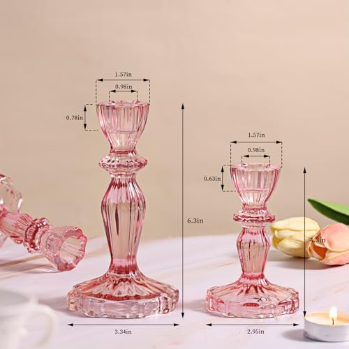 Pink Candlestick Holders Set of 6, Taper Candle Holders, 4.3" H & 6.3" H Glass Candle Holder for Candlesticks & Pillar Candles, Candle Holder for Table Centerpieces, Wedding and Mother's Day - color: Pink
