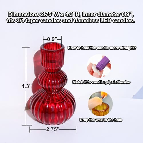 Woho Red Candlestick Holders Set of 3 for Christmas Decorations, 4.3" H Vintage Ribbed Taper Candle Holders for Dining Table, Glass Candle Sticks Holder Decor for Valentines Day/Patriotic Holidays - color: Red