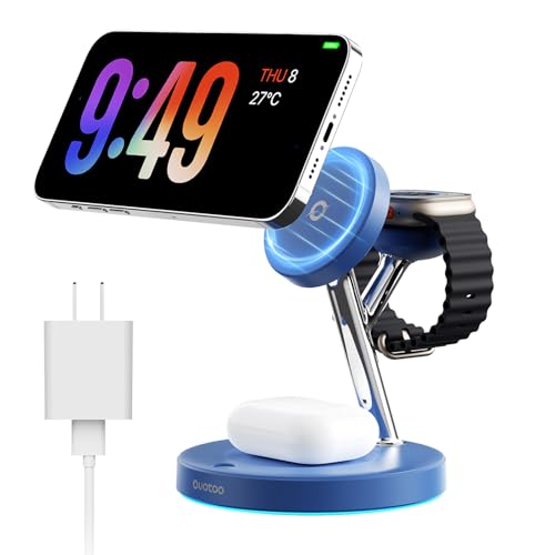 New 3 in 1 Charging Station for Apple Compatible with Magsafe Charger Stand for iPhone 17 16 15 14 13 12 Wireless Charging Station for AirPods Wireless Charger for iWatch Series - color: Blue