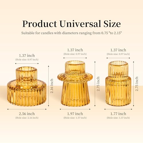 Taper Votive Candle Holder for Pillar Candles Tealight, Candlestick Holder for Wedding Christmas Tea Party, Boho Ribbed Vintage Crystal Glass Table Centerpiece Decor, Bulk Set of 6 (Amber) - color: Amber