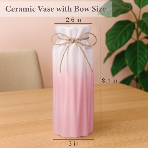 Gradient Pink Ceramic Bow Vase, Flower Vases Minimalism Style for Modern Home Decor, Decorative Vase for Living Room, Coffee Table, Office, Bookshelf and Farmhouse Table (Pink) - color: Pink