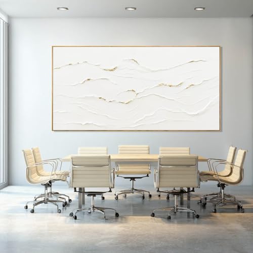 WINKAILIN Large Wavy Line White Abstract Wall Art with Frame Minimalist Modern Hand drawn Painting Textured Poster for Living Room Dining Room Bedroom Decor 29"x58" - color: White and Gold, size: 58"L x 29"W