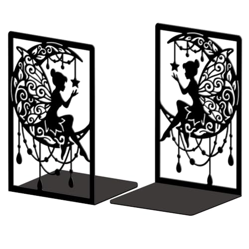 Peacoblue Metal Bookends for Shelves, Modern Decorative Heavy Duty Study Book Ends Stoppers for Office, Desk, Shelf, Room 5.3"x4.3"x7.9" Cast Iron Simple Tall Bookends 1 Pair (Moon and Fairy) - style: Moon and Fairy