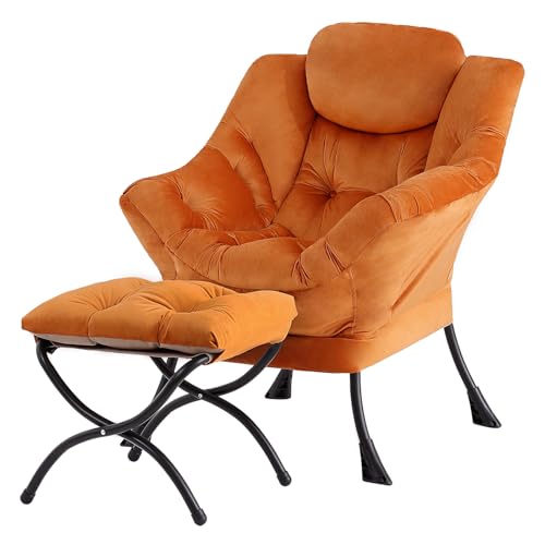 Tiita Lazy Chair with Ottoman, Orange Modern Large Accent Armchair, Comfy Leisure Sofa Reading Chair with Footrest for Bedroom, Living Room, Dorm Rooms, Garden, Velvet Orange - color: Orange