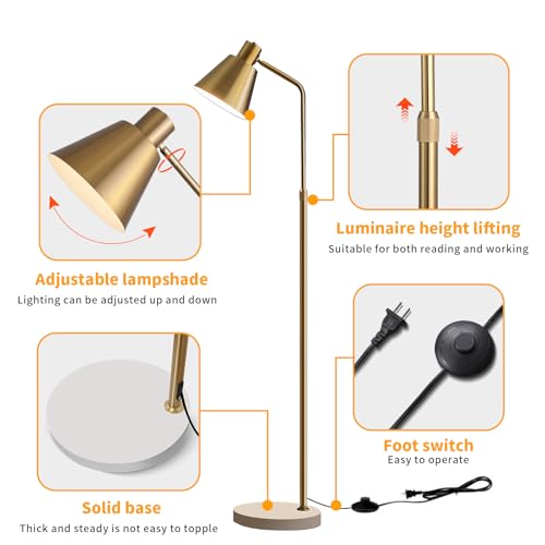 High-end Gold Brass Floor Lamp Bright 12W LED Light, Adjustable in Three Colors and Height, Electroplated Iron Lamp Post,Exquisite Craftsmanship,Standing Lamp for Living Room Bedroom Office Reading - color: Gold
