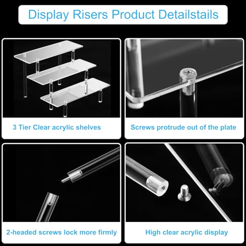 HENABLE Acrylic Display Risers, Acrylic Perfume Stand Organizer, Clear Shelf Risers for Display Stands for Food, Tabletop Use, Amiibo Funko POP Figure, 3 Tier Clear Cupcake Stand Risers