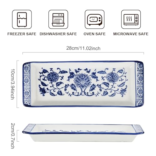 11" Blue and White Porcelain Serving Tray, Blue and White Decor Elegant Coffee Table Tray, Handcrafted Coffee Table Tea Tray Decor, Ceramic Small Tray for Kitchen Sandwich Snack Appetizer Dessert