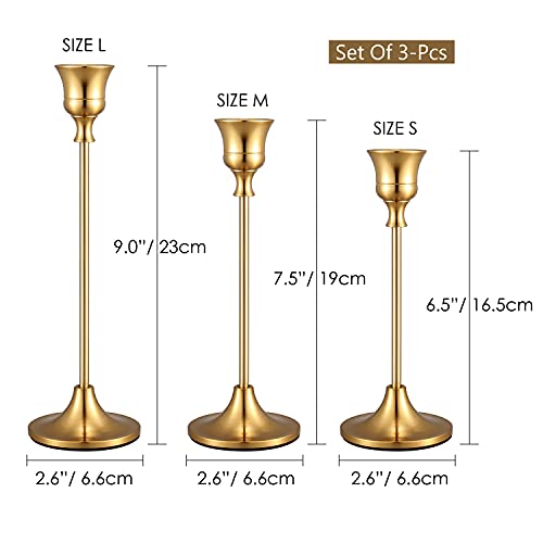 Gold Candlestick Holders Taper Candle Holder - Set of 3 Pcs Brass Gold Candle Stick Holder Centerpieces Decorations for Table, Mantel, Wedding, Dinning, Party(Candles not Include) - size: 1 Set
