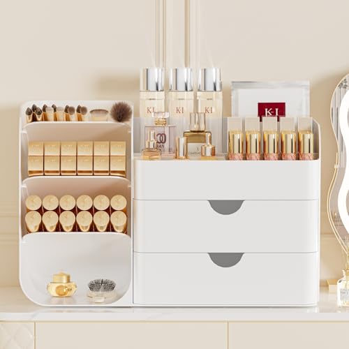 Booklov Makeup Organizer for Vanity, Countertop Cosmetic Display Case with Drawers, Bathroom Counter Beauty Caddy, Comfyroom Table Storage Holder for Skincare, Brush Eyeliner Eyeshadow Lipstick, White - color: White, size: M01