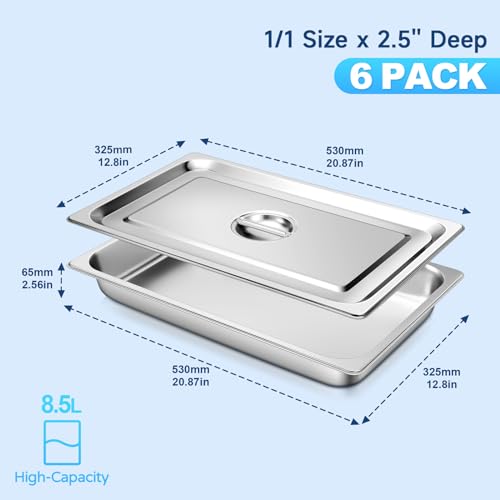Hotel Pan with Lids 6 Pack Full Size 2.5" Deep Stainless Steel Steam Table Pan, Commercial Food Pans for Catering Buffet Chafing Dish Pans Metal Steam Tray (1/1 Full Size x 2.5 Inch Deep, 6 Pack) - color: Full Size, size: 2.5" Deep