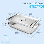 Hotel Pan with Lids 6 Pack Full Size 2.5" Deep Stainless Steel Steam Table Pan, Commercial Food Pans for Catering Buffet Chafing Dish Pans Metal Steam Tray (1/1 Full Size x 2.5 Inch Deep, 6 Pack) - color: Full Size, size: 2.5" Deep
