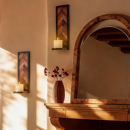 Herringbone Wood Candle Sconces, Set of 2 Wall-Mounted Pillar Candle Holders, Antique Classical Wooden Candleholder for Farmhouse, Living Room, Bedroom, Rustic Home Decor - color: Herringbone