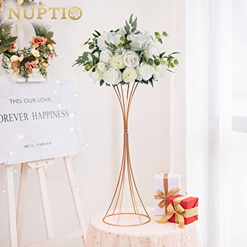 NUPTIO 2 Pcs Trumpet Vases for Centerpieces 26in Tall Gold Vase, Wedding Centerpieces for Tables, Artificial Arrangement Flower Stand for Anniversary Party Birthday Event Aisle Home Reception Decor - size: 26 inch Tall