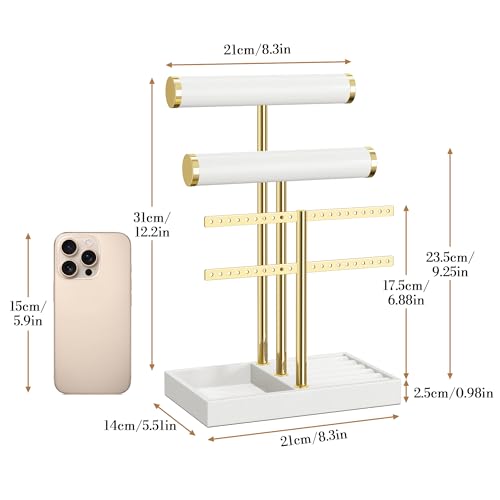 bussdis 3 Tier Bracelet Holder Display - White Leather Bracelet Holder, Detachable T Bar Jewelry Holder Organizer for Bracelet, Necklace, Earrings, Rings, Watches, Bangle - color: White