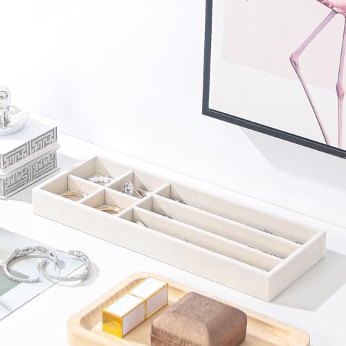2Pcs Desk Drawer Storage Tray, Nightstand Organizer Tray, Necklace Bracelet Ring Earring Jewelry Display Tray, Grid Table Organizer Holder Tray for Sunglass, Phone, Watch, Perfume (7 grid)/Beige - color: Beige, size: 7 Grid
