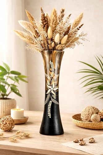 AeraVida Hand Carved Tropical Flower 14-inch Curved Cylindrical Wooden Vase Brown