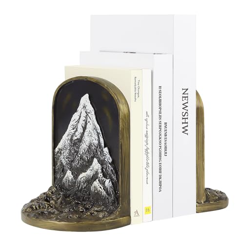 Snow Mountain Vintage Heavy Bookends, 2 Unique Bronze Decorative Bookend for Shelves or Bookcase, Anti-Slip Book Shelf Bookends Decorative, Gifts for Mother and Father - style: Snow Mountain