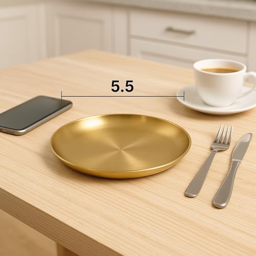 Stainless Steel Gold Plates 2 Set Round Stainless Steel Dinner Dishes Metal Trays 5.5 Inch Great for Picnic,Outdoor Camping Plate,Shatterproof, Dishwasher Safe - size: Gold 5.5 Inch