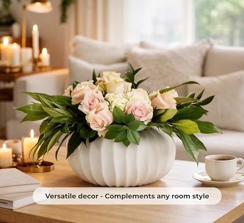 Pots & Patterns 11" Large White Ceramic Flower Vase - Modern Ribbed Low Profile Centerpiece for Dining Table & Home Decor