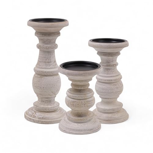 Hosley Set of 3 Whitewashed Wooden Pillar Candle Holders – 10”, 8”, and 6” Heights – Ideal for LED and Pillar Candles, Weddings, Parties, Home Décor, Spa, Reiki, and Aromatherapy - color: White Wash