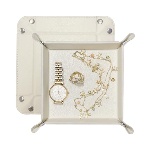UnionBasic Valet Tray, Jewelry Tray for Rings Watches Earrings, Entryway Catchall Caddy for Coins Keys Change, Nightstand Organizer Bedside Valet Holder, Trays for Electronic Gadgets, Lychee Beige - color: Lychee Beige, size: 5.4" x 5.4" x 1.6"