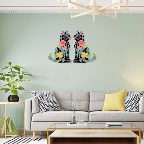 RESACO 2 Pieces Cat Wall Art Decor Iron Wall Sculptures Decor for Cats Lover Floral Cat Design for Home Living Room Bedroom Kitchen Office