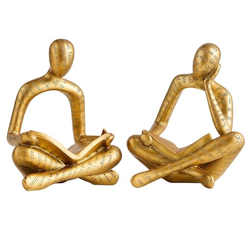 XINXUAN Resin Abstract Sculpture, Meditation and Reading Posture, Desk/Shelf Modern Home Decor Decoration, Art Statue (Think - Gold Foil Color) (2PCS-Gold Reading) - color: 2pcs-gold Reading