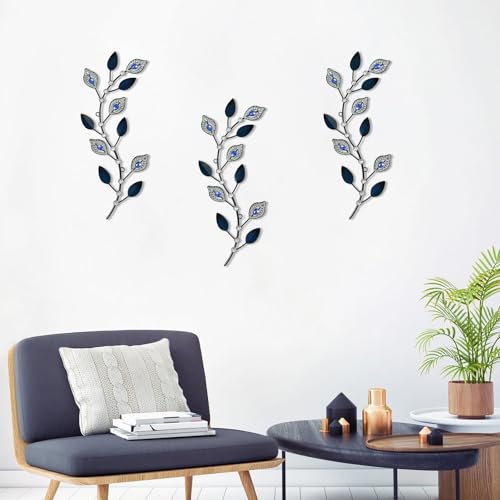 Cityelf 3 Set Crystal Leaf Wall Art Sculpture Iron Tree Leaves Branch Hanging Wall Décor Jeweled Bling Home Deor Acrylic Diamond Accent … - color: navy leaves set 3