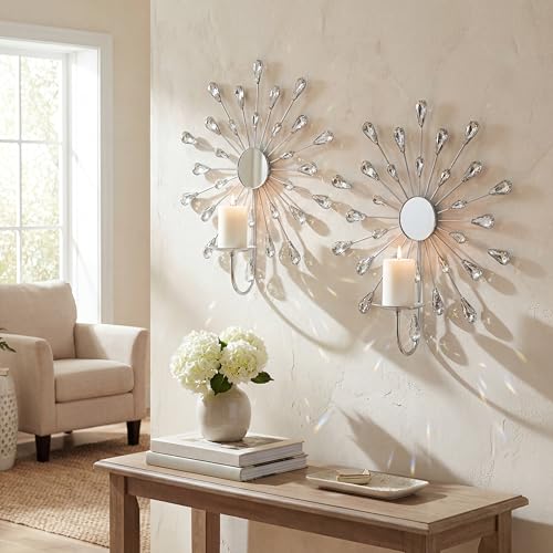 Crystal Rhinestone Wall Candle Sconces Set of 2 Bling Diamond Metal Sunburst Candle Holders Iron Decorative Wall Mounted Holders for Living Room Bedroom Bathroom Silver - color: Silver