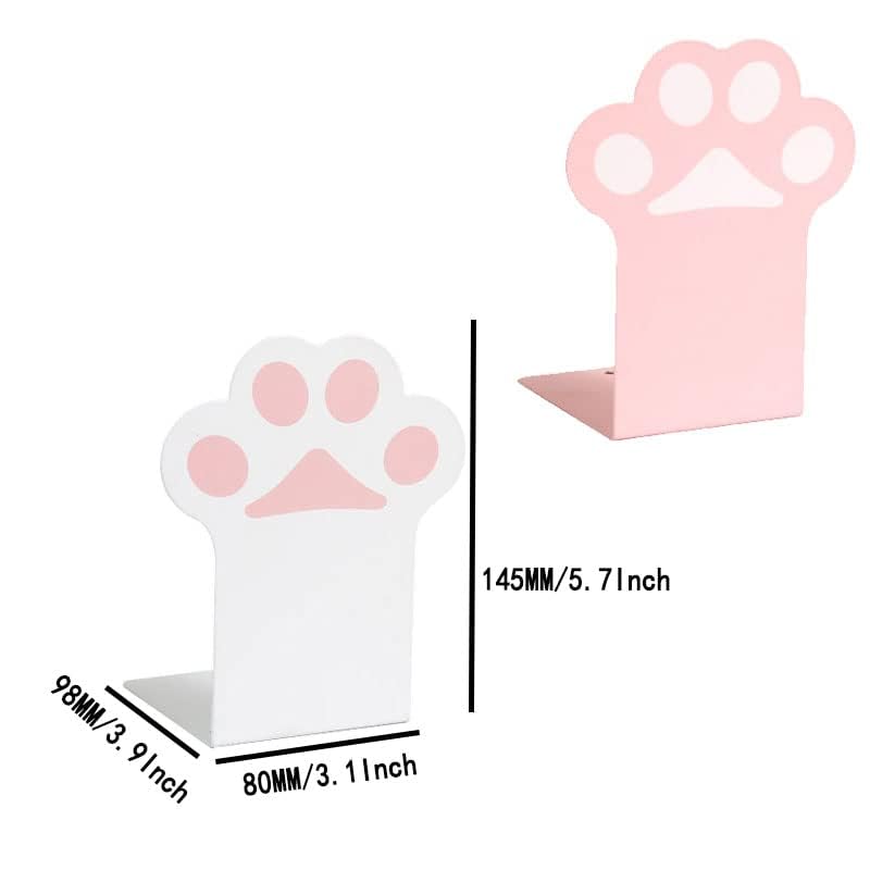 2 Sets Cat Paw Metal Bookends Cute Desktop Bookshelf Sturdy Cartoon Bookshelf for Home and Office Decoration - color: 1 Set Pink+1 Set White