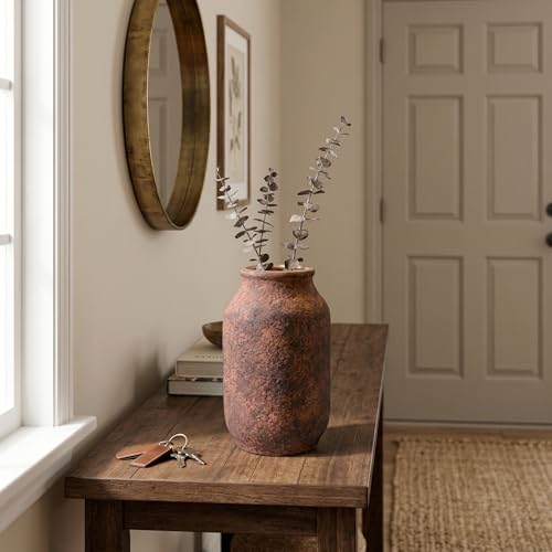 Rustic Terracotta Vase for Home Decor, 9 Inch Farmhouse Ceramic Vases for Centerpieces, Decorative Pottery Flower Vase for Pampas Grass, Living Room Mantle Decor Brown