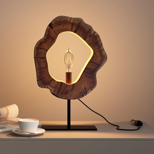LAPTAIN Wood Table Lamp, Irregular Jujube Tree Wooden Bedside Lamp, Creative Home Decor Table Lamp, Bedside Night Light for Bedroom, Living Room, E12, ON-Off Button, Iron Base - size: Small