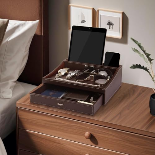 Baoyun Fathers Day Nightstand Organizer for Men, Mens Jewelry Box, Mens Dresser Organizer Countertop, Large Capacity Leather Valet Tray for Phones Pad Wallet Key Birthday Gifts for Men - color: Brown