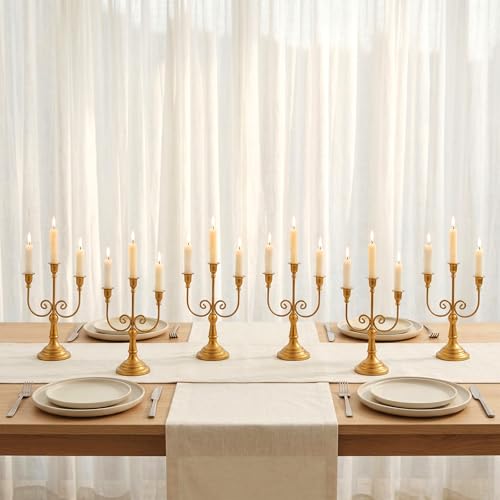 NUPTIO Gold Candlestick Holders for Table: Vintage Candelabra for Taper Candles - 3 Arm Candle Stick Holder Bulk Set of 6 for Birthday Party Fireplace Centerpiece - color: 3-arms Gold, size: 6 Pcs