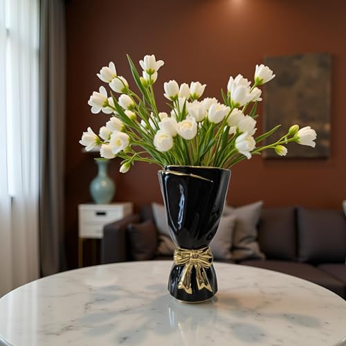 Black and Gold Bow Ceramic Vase - Flower Vases for Home Decor, Bow Decor, Boho Style, 9.65 Inch Flower Vases for Bouquet, Large Vase for Ideal Shelf Decor/Table (Black and Gold, Large) - color: Black and Gold