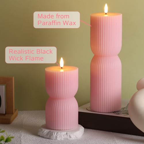 Pink Ribbed Flameless Pillar Candles with Remote, Flickering LED Candles Battery Operated Real Wax Set of 2 - color: Pink