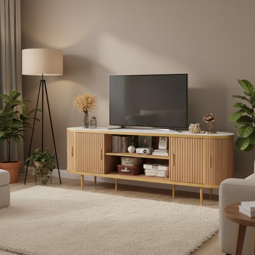 EROMMY 70" Fluted TV Stand, TV Entertainment Center with Storage for TVs Up to 80", Modern TV Console with Faux Marble Top, Curved Design, Tambour Sliding Doors (Natural Oak) - color: Natural Oak