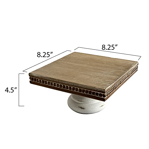 dwellington White Wash Display Wood Riser, 8.25 inch Shabby Chic Pedestal Tray Decor with Beads, Farmhouse Display Stands for Coffee Bar, Bathroom, Kitchen Island (Square)