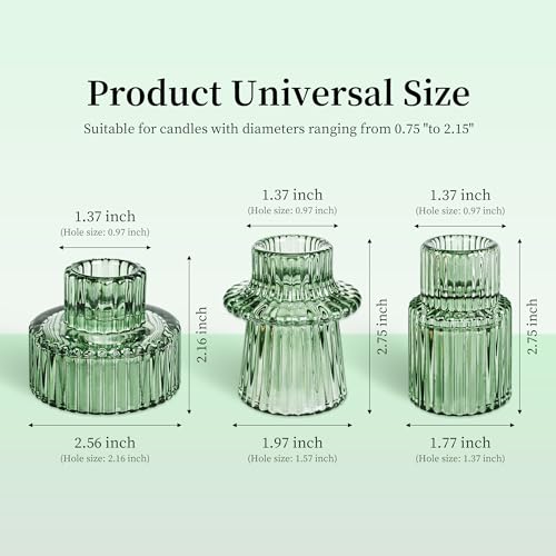 Taper Votive Candle Holder for Pillar Candles Tealight, Candlestick Holder for Wedding Christmas Tea Party, Boho Ribbed Vintage Crystal Glass Table Centerpiece Decor, Bulk Set of 6 (Green) - color: Green